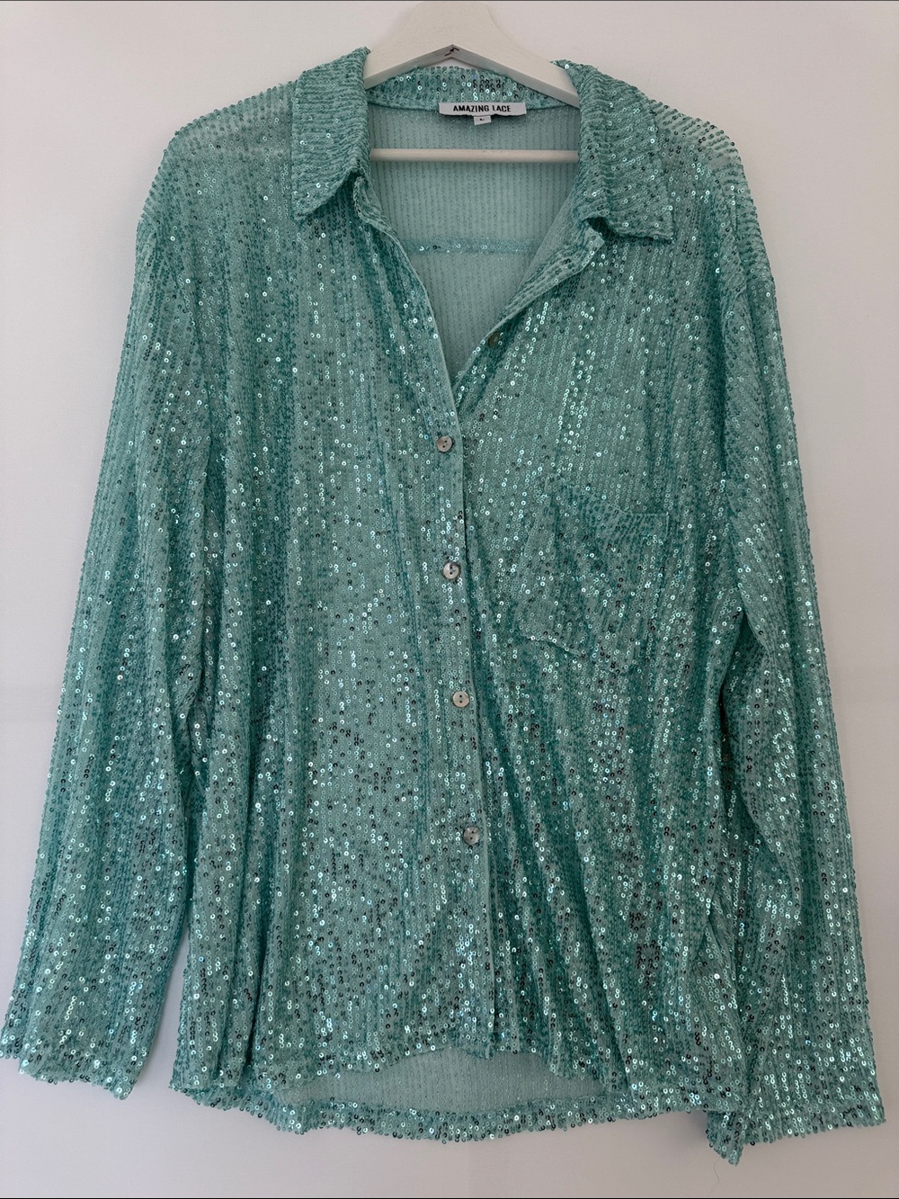 Amazing Lace Mint Sequin Button-Down Blouse Large